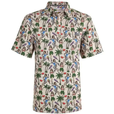 A sand-colored men's golf shirt with a Hawaiian-themed pattern featuring Hula girls and a skull and crossed clubs emblem.