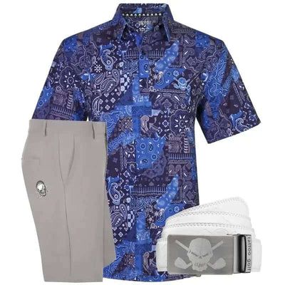 Blue patterned shirt, gray shorts, and white belt 