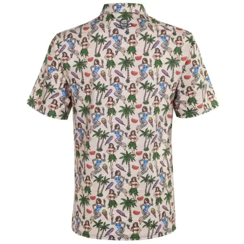 Short-sleeve golf shirt with a colorful pattern of women, palm trees, and other elements on a beige background.