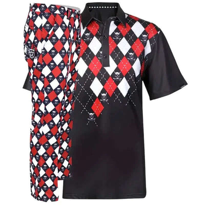 Black, red, and white argyle patterned shirt and argyle pants
