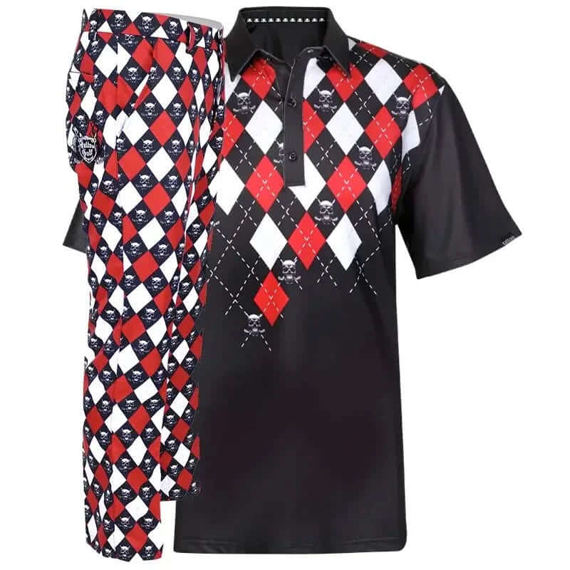 Black, red, and white argyle patterned shirt and argyle pants