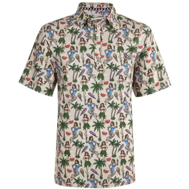 Short-sleeve shirt with a colorful pattern of women, palm trees, and watermelons on a beige background.