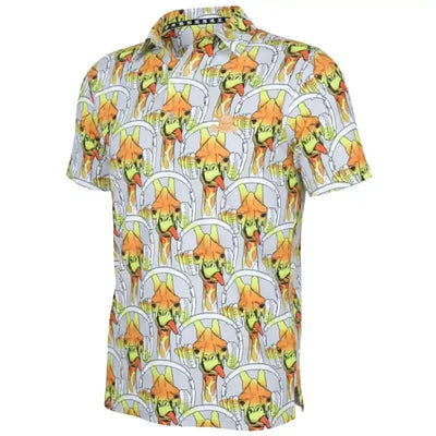 Short-sleeve golf shirt with colorful pattern on a white background