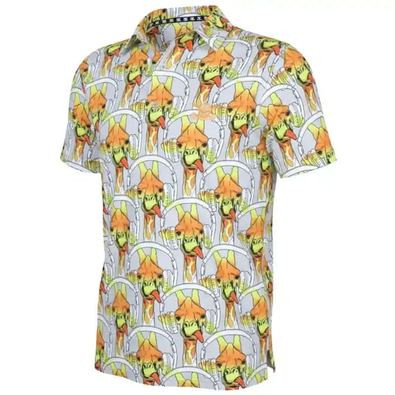 Short-sleeve golf shirt with colorful pattern on a white background