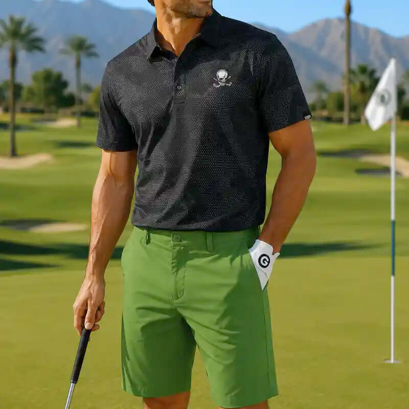 golfer in black polo shirt and green shorts holding a golf club on a golf course