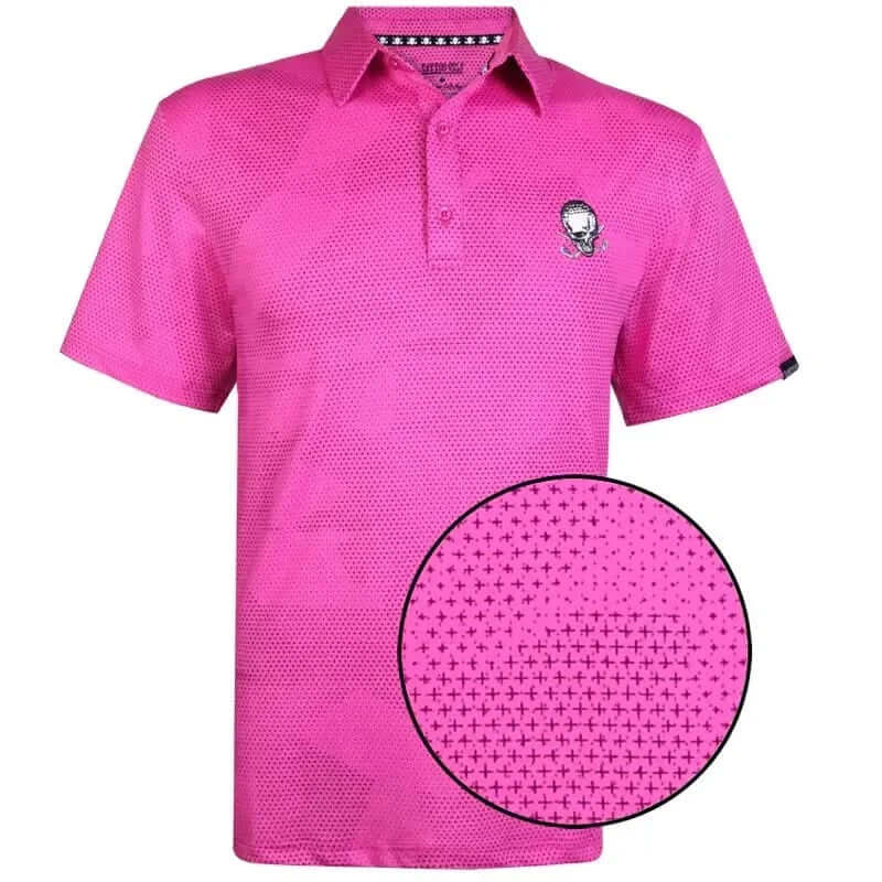 Pink polo shirt with a close-up of the pattern 