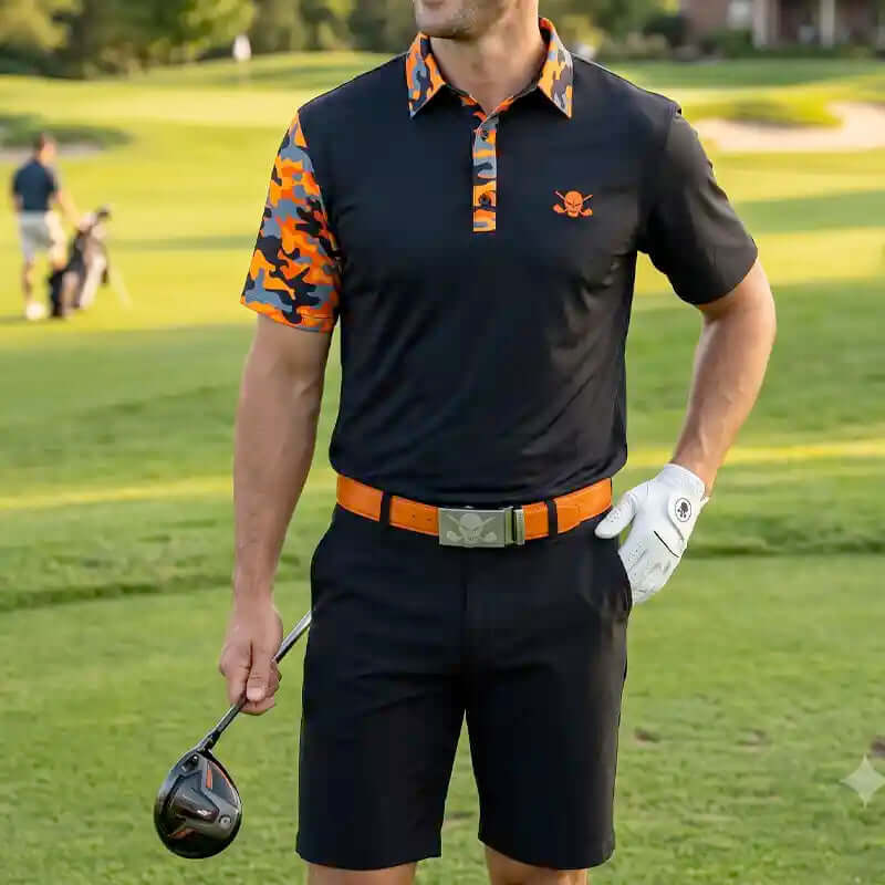 A man on a golf course wearing a black short-sleeve polo shirt with orange and gray camouflage sleeves and collar, paired with black shorts and an orange belt.