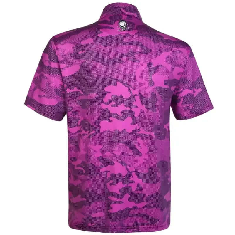 Back view of the Camo X Cool-Stretch Golf Shirt in Purple featuring a dynamic camo print and signature logo.