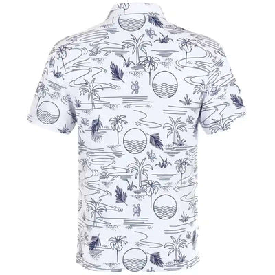 White polo golf shirt with aloha pattern 