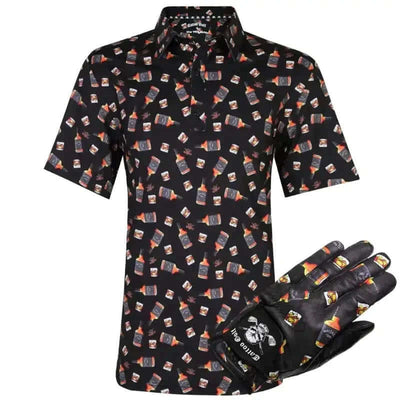 Black men's golf shirt with whiskey bottle pattern and matching glove