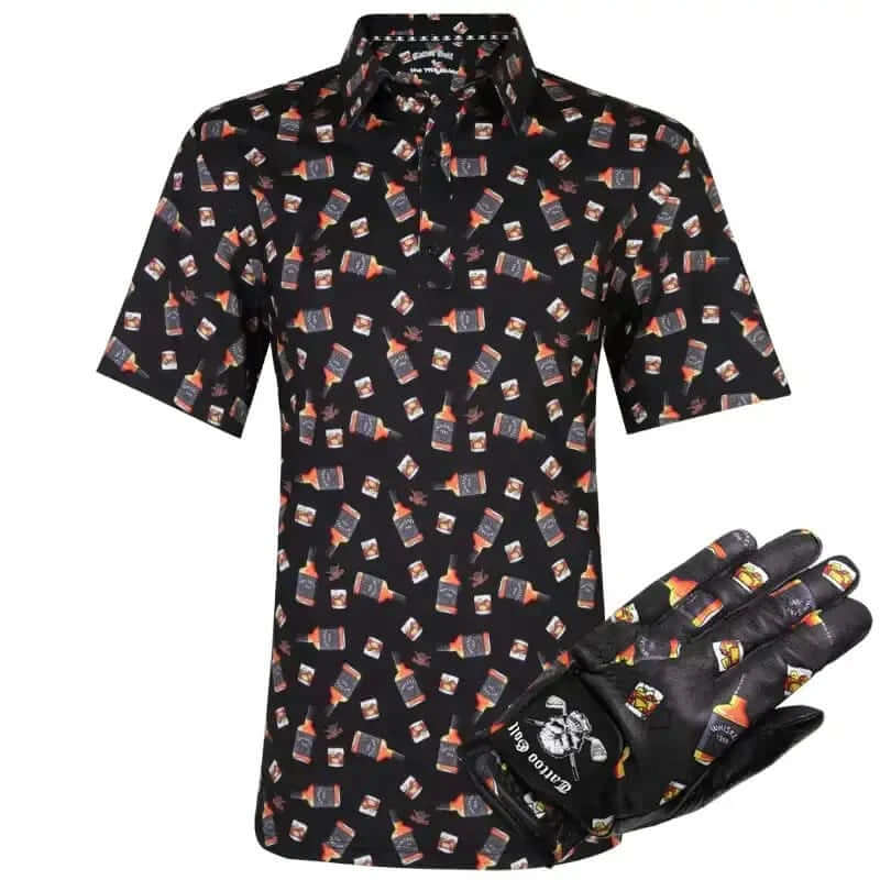 Black men's golf shirt with whiskey bottle pattern and matching glove