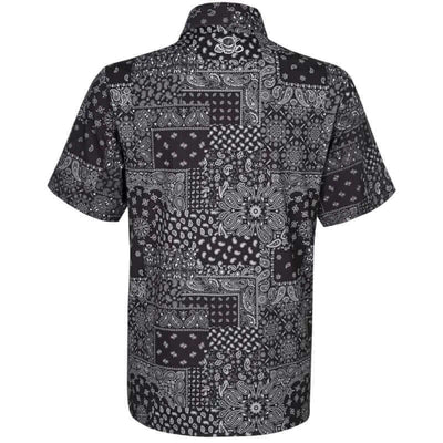 Hustler Cool-Stretch Men's Golf Shirt in Black with bandana-inspired pattern on the back.