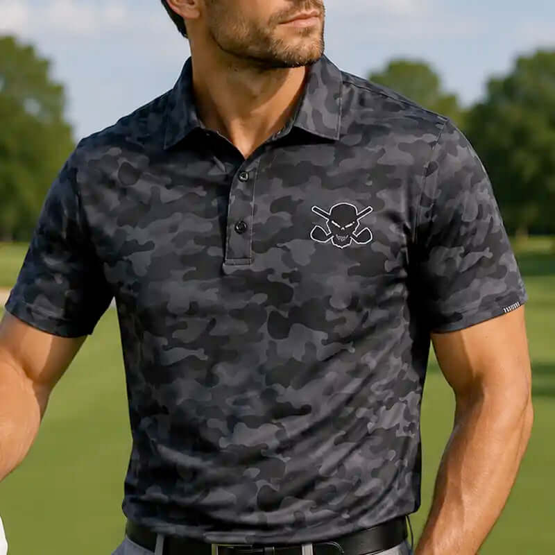golfer wearing a black camouflage polo shirt with a logo on a golf course