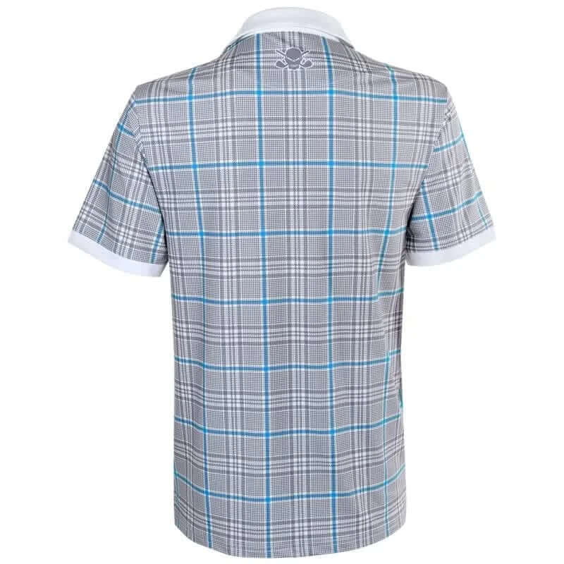 HT Plaid Cool-Stretch Men's Golf Shirt in Blue/Grey showcasing the stylish back view with classic plaid design.
