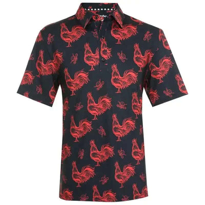 Black golf shirt with red rooster pattern 