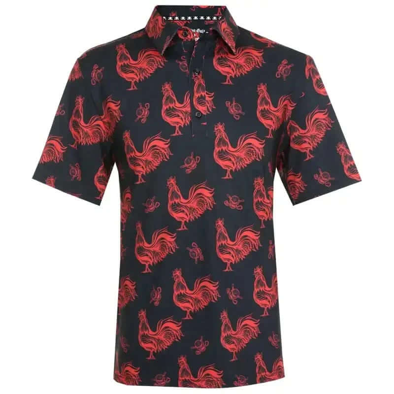 Black golf shirt with red rooster pattern 