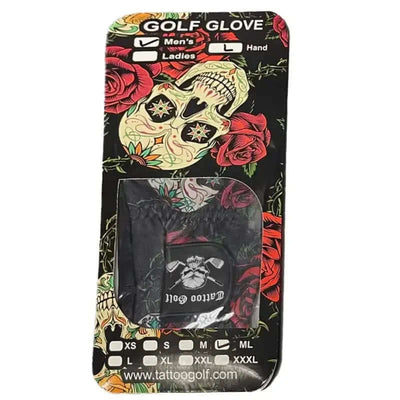Golf glove packaging with skull and roses design on a black background