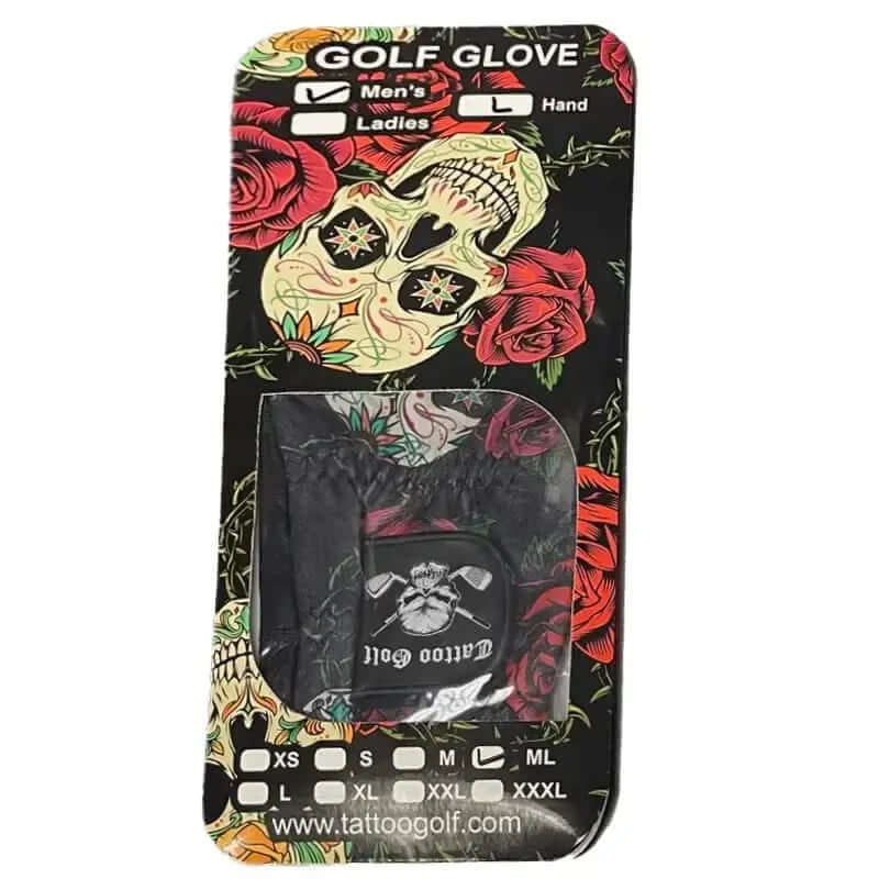 Golf glove packaging with skull and roses design on a black background