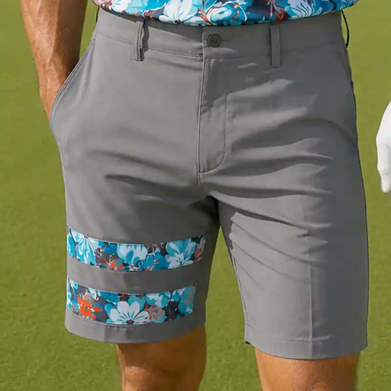 Gray golf shorts with floral accents