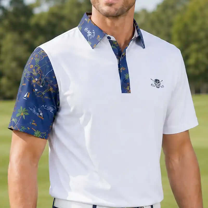 Performance men's white polo golf shirt with blue patterned sleeves and collar
