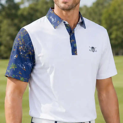 Performance men's white polo golf shirt with blue patterned sleeves and collar