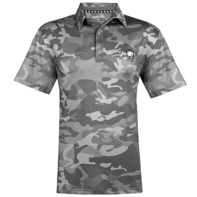 Grey camouflage golf shirt with a three-button placket, featuring a skull and crossed clubs embroidery on the chest and back.