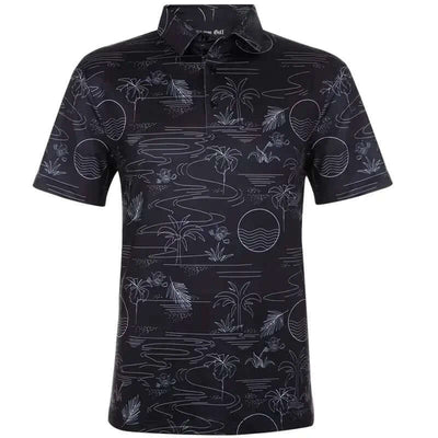 Summertime Cool-Stretch Men's Golf Shirt featuring a black palm tree design for stylish golf performance.