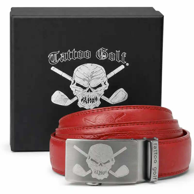 Bold red ratchet golf belt with skull buckle by Tattoo Golf 