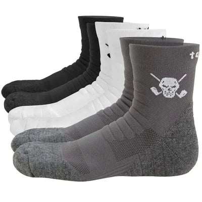Three pairs of athletic socks with a skull and crossed clubs design on the instep, available in black, white, and gray colors.