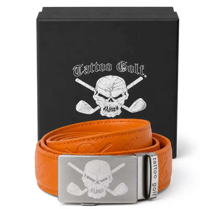 best orange ratchet golf belt for men with crazy tattoo logo on the buckle 