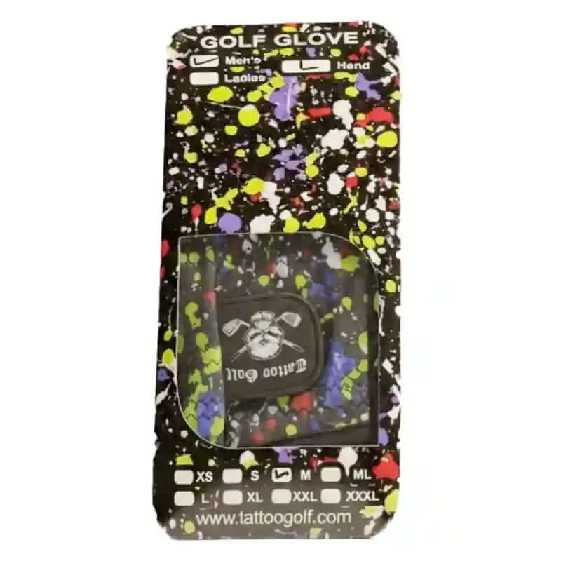 A-Game Cabretta Leather Men's Golf Glove packaging featuring colorful splatter design.