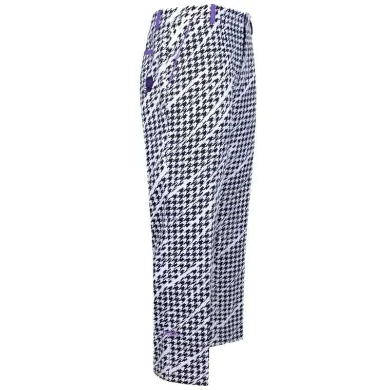 Houndstooth patterned pants with purple accents 