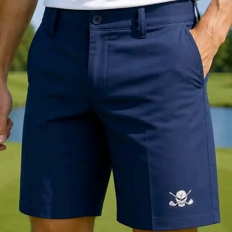 Navy golf shorts with a skull and crossing clubs
