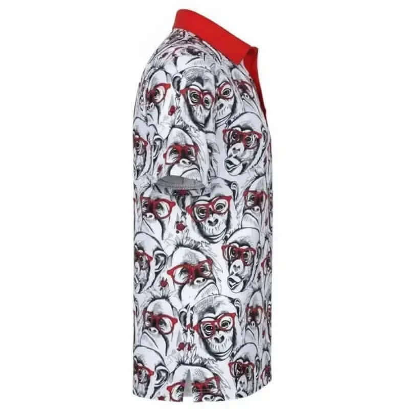 gold shirt with monkey pattern and red accents