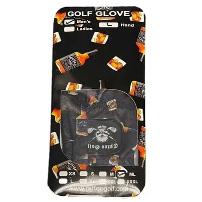 Golf glove packaging with brand logos and product details on a black background