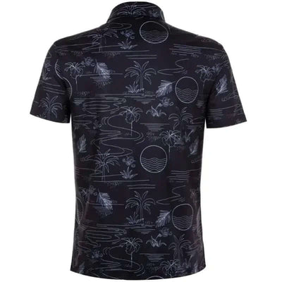 Back view of the Summertime Cool-Stretch Men's Golf Shirt in black with a tropical pattern.