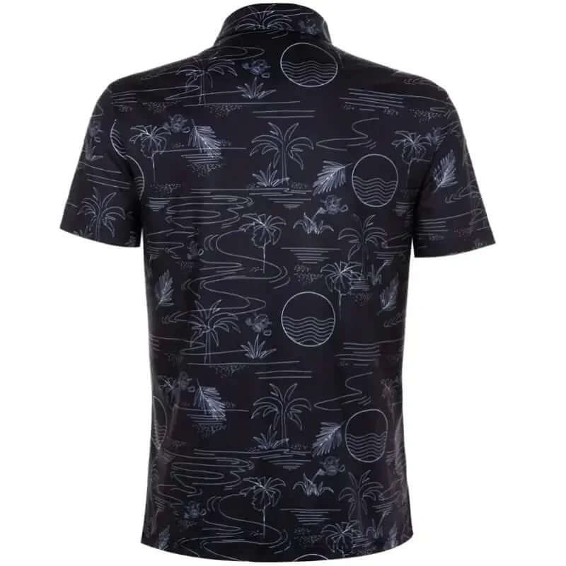 Back view of the Summertime Cool-Stretch Men's Golf Shirt in black with a tropical pattern.