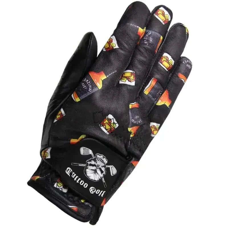 Black golf glove with colorful whiskey patterns