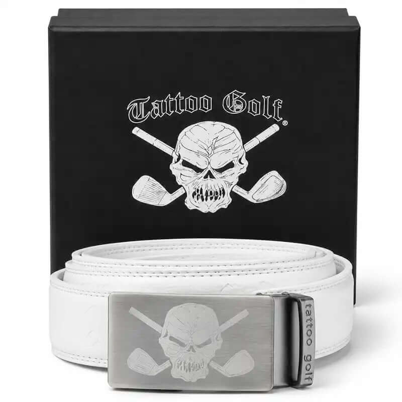 Wild cool white ratchet golf belt, one size fits all with fun skull logo on the buckle 