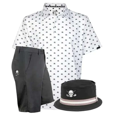 White golf shirt with black skull pattern, black shorts, and black bucket hat with skull design 