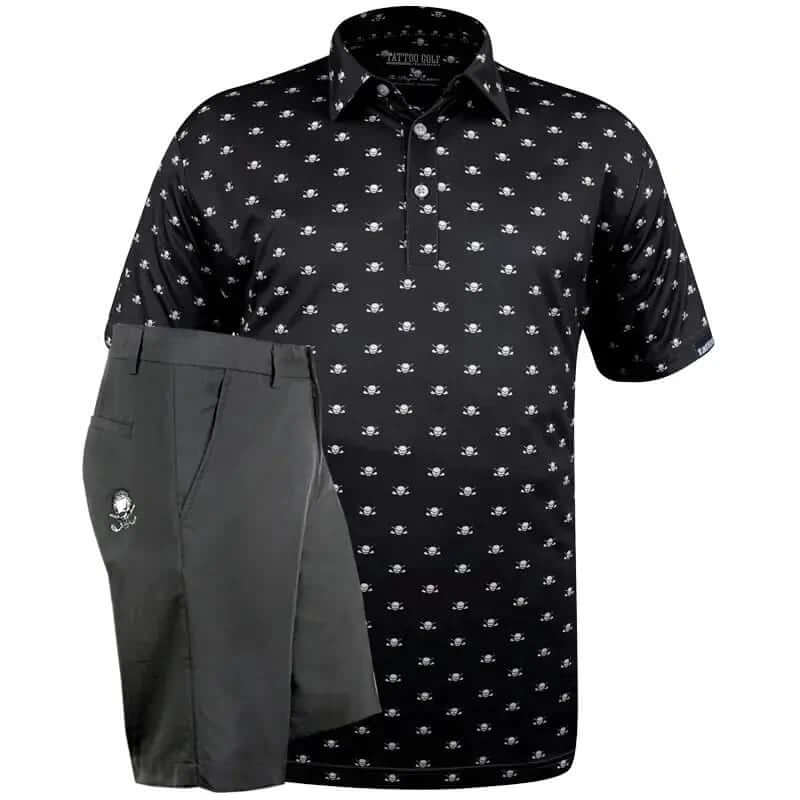 Black skull patterned shirt and gray golf shorts 