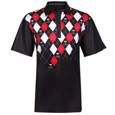A black men's golf shirt with a checkered argyle pattern in red and white, featuring skull and club designs on the front and back.
