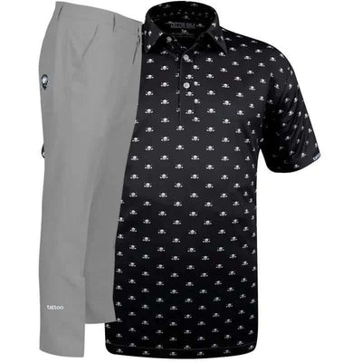 Black patterned shirt with mini skull design and gray golf pants