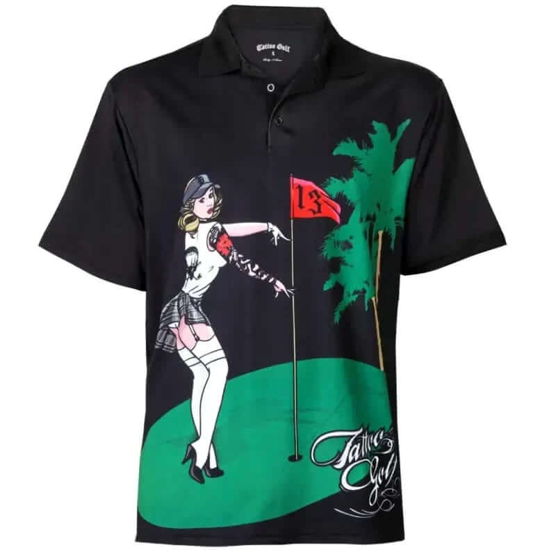 Pin High Performance Men's Golf Shirt - Black featuring a unique graphic design with a playful pin up girl and palm trees.