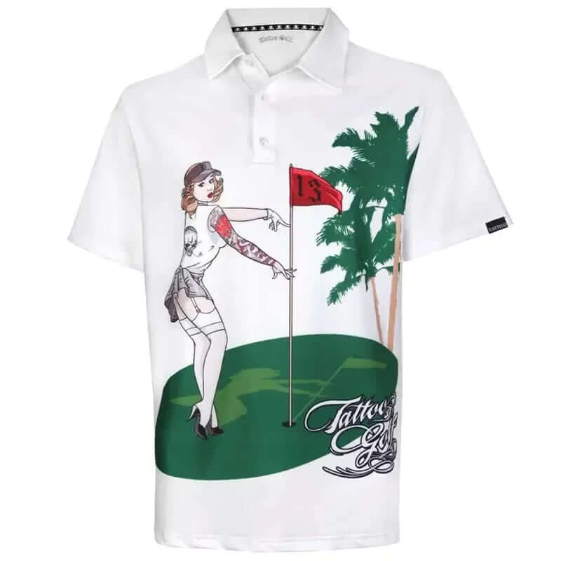 Pin High Performance Men's Golf Shirt featuring a colorful design with a vintage pin-up girl and golf elements.