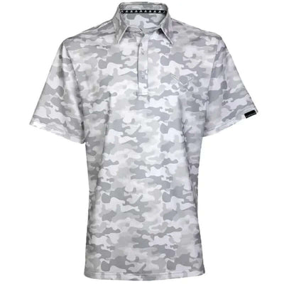 A white golf shirt with a camouflage pattern and a skull and crossing clubs graphic on the chest and back.