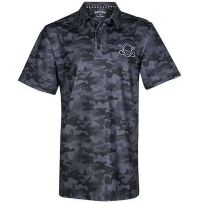 A black camouflage golf shirt with short sleeves, featuring a skull and crossed golf clubs design on the chest and back.