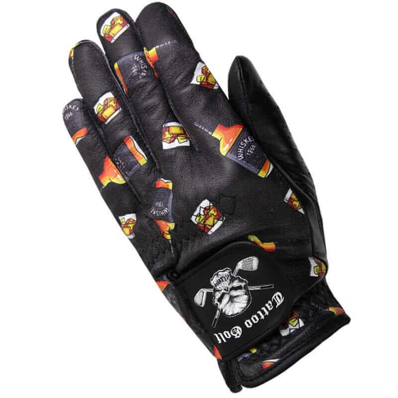 Black golf glove with colorful whiskey design