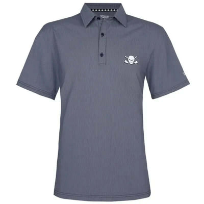 A blue men's golf shirt with a three-button placket, featuring a raised rubber logo on the chest.