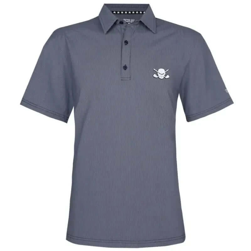 A blue men's golf shirt with a three-button placket, featuring a raised rubber logo on the chest.